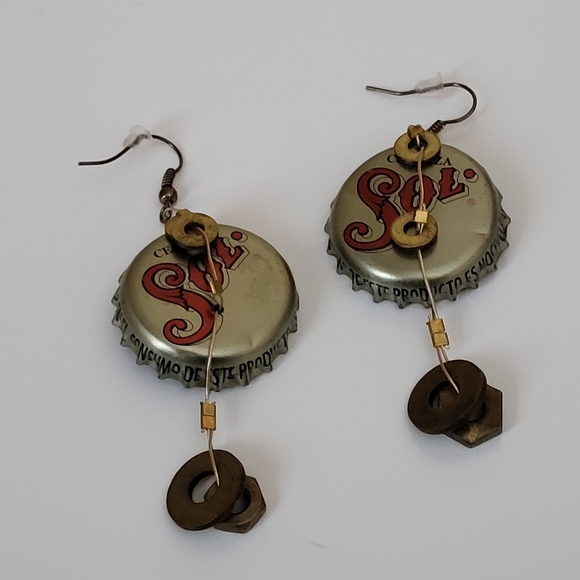 Mixed Metal Upcycled Hand Crafted Sol Cerveza Beer Bottle Cap Pierced Earrings - Picture 13 of 16